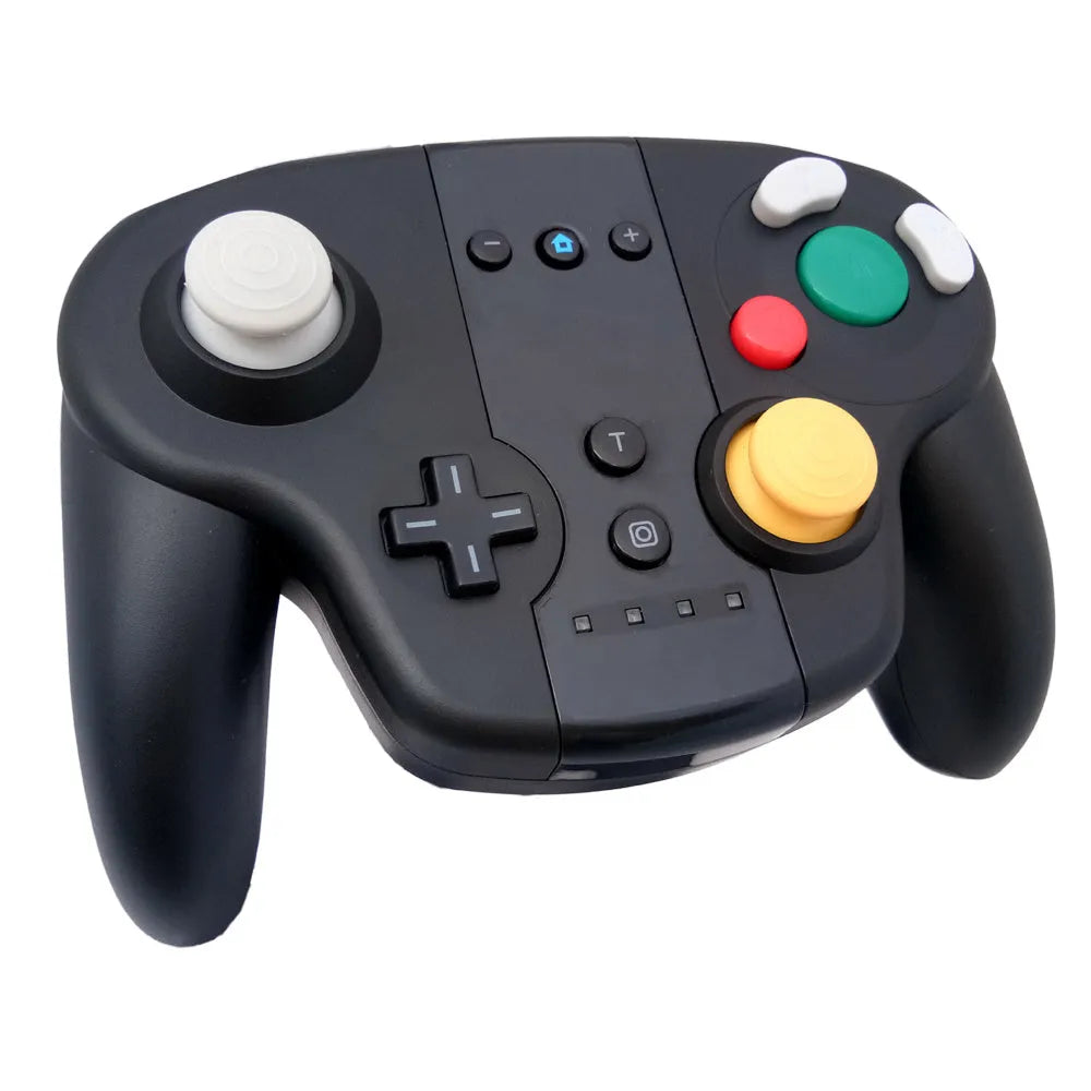 Black wireless gamepad for Nintendo Switch and PC with NFC reader near thumbsticks.
