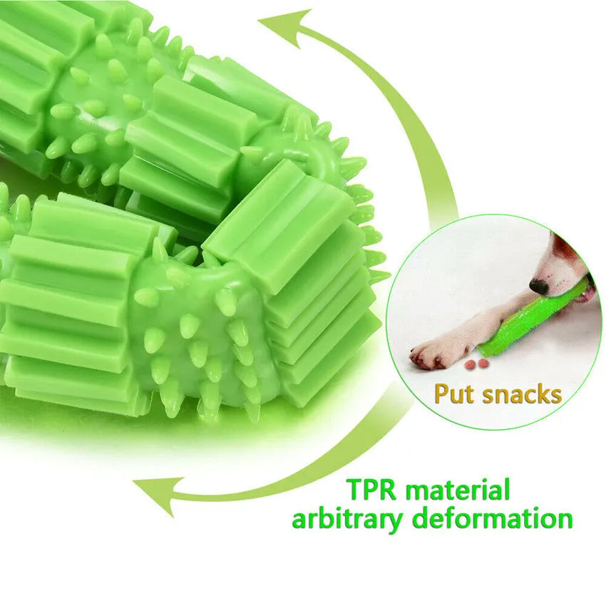 Green and orange natural rubber dog chew toy with treat holes and squeaker for small to medium aggressive chewers.