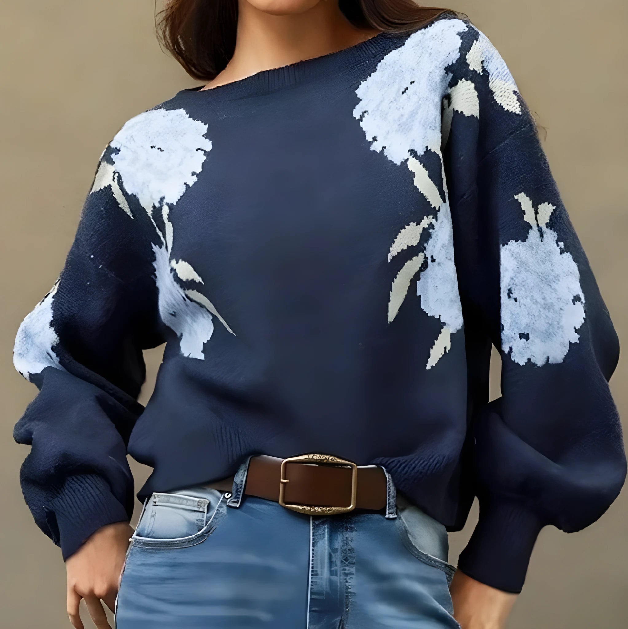 Sapphire Blue women's pullover with off-neck design and floral jacquard pattern in loose street style