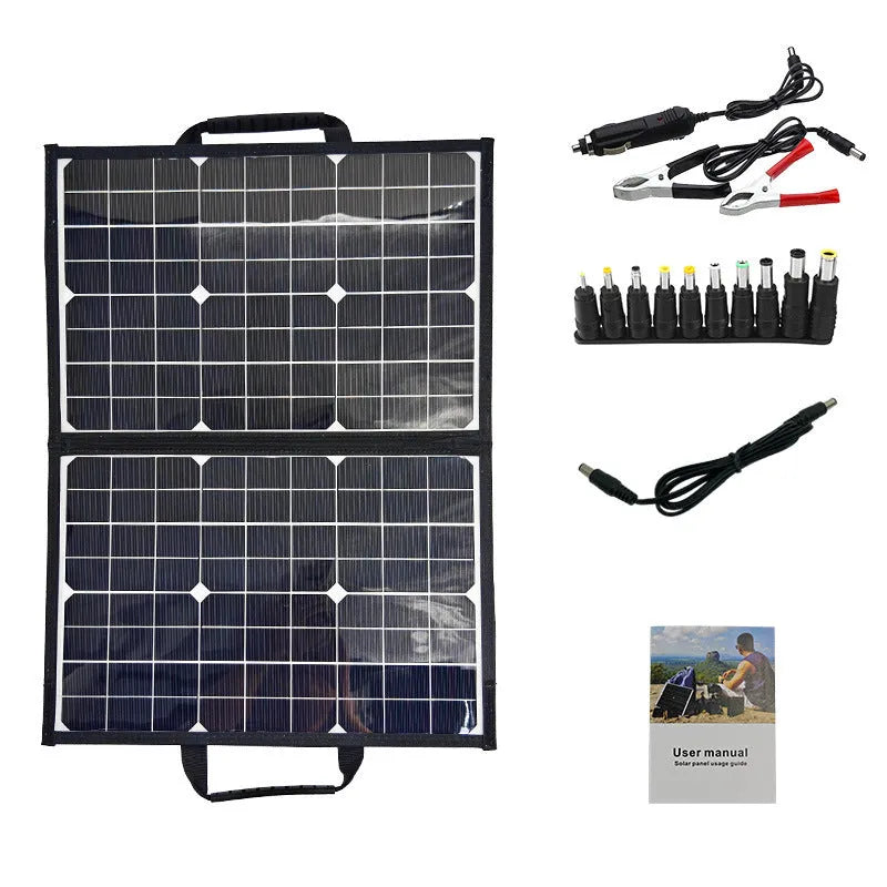 Black foldable 40W solar panel bag showing folded dimensions and monocrystalline cells