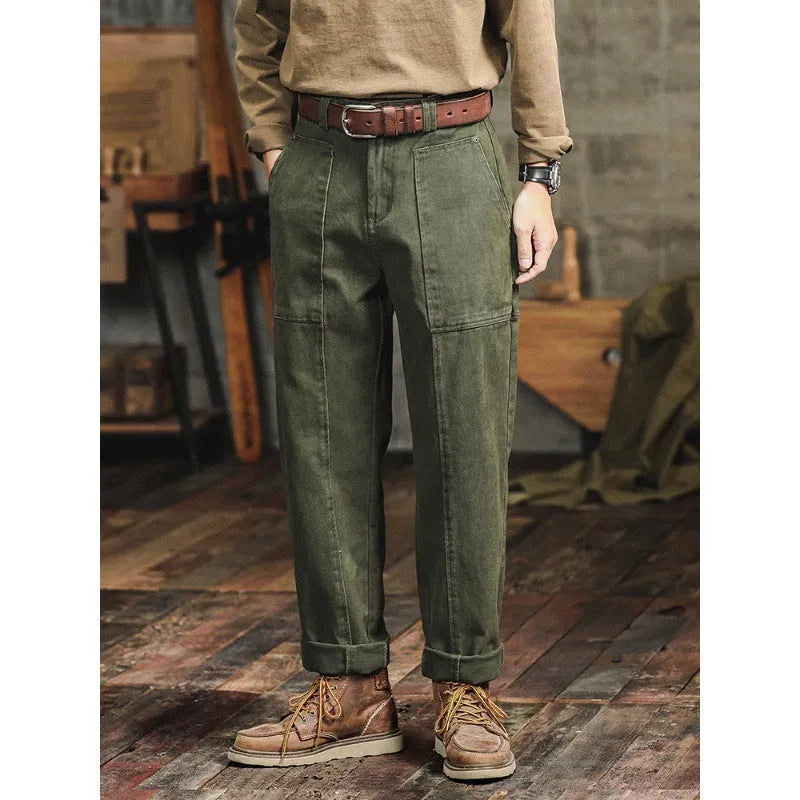 Retro army green casual men's loose straight cotton cargo pants with mid waist