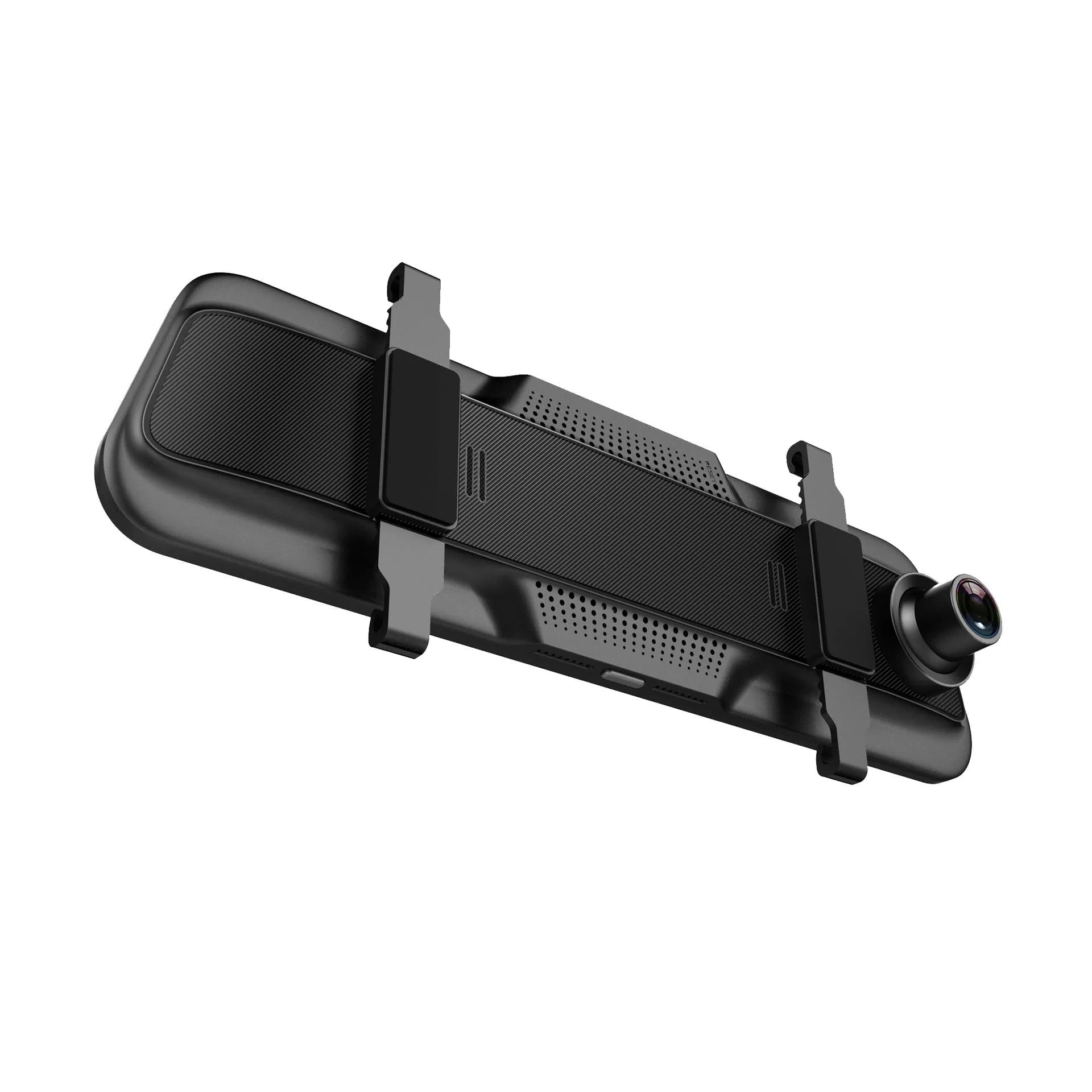 Black driving recorder rearview mirror with 10-inch touch screen displaying road footage