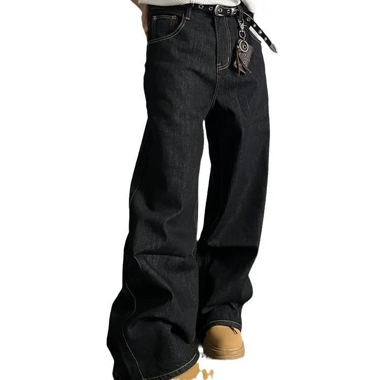 Black retro loose wide-leg straight-leg jeans on a model.