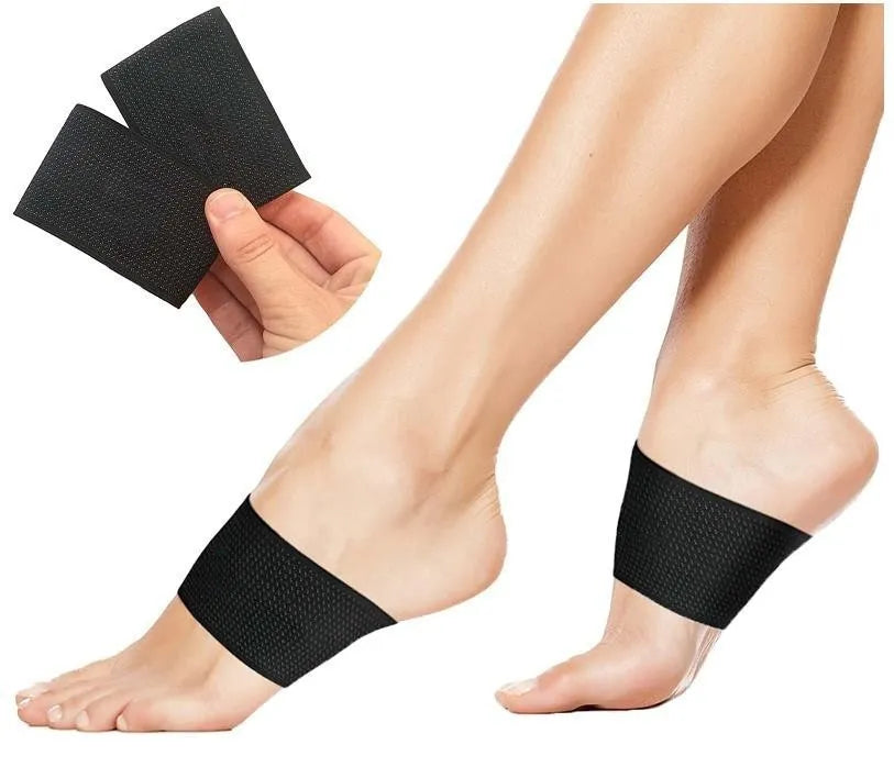 Unisex flat foot support bandage with elastic arch support and a silicone heart pad, shown in two style variations.