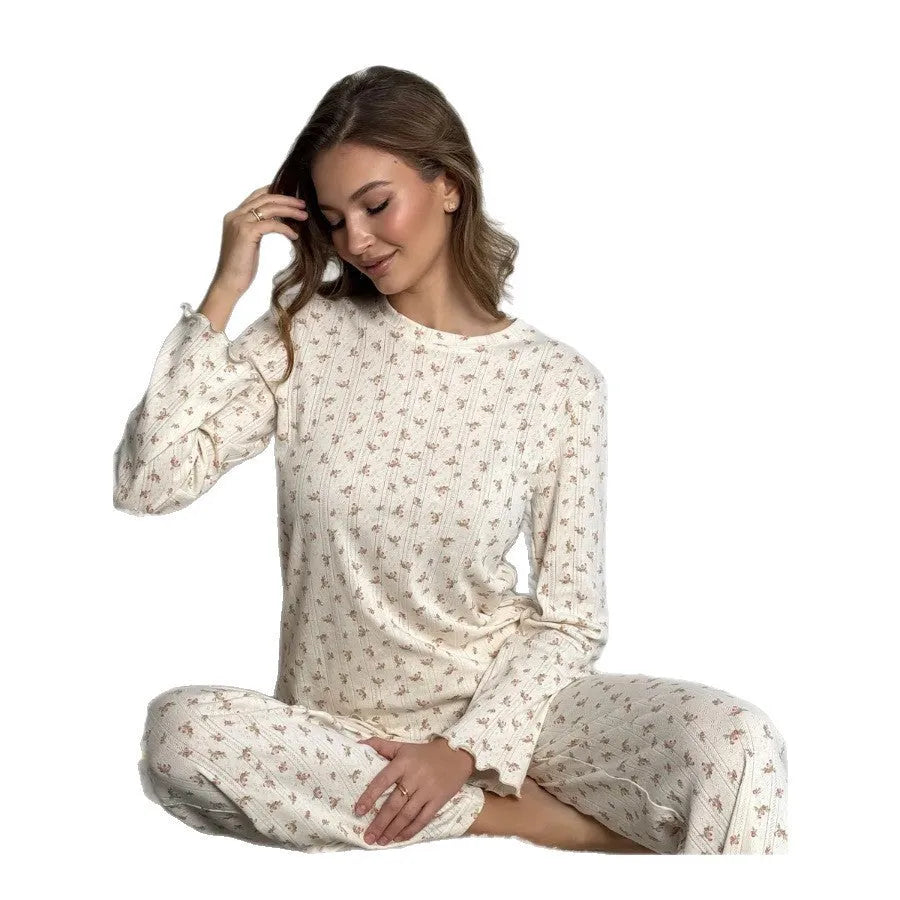 Women's white floral print lounge suit with bell sleeves and wide leg trousers