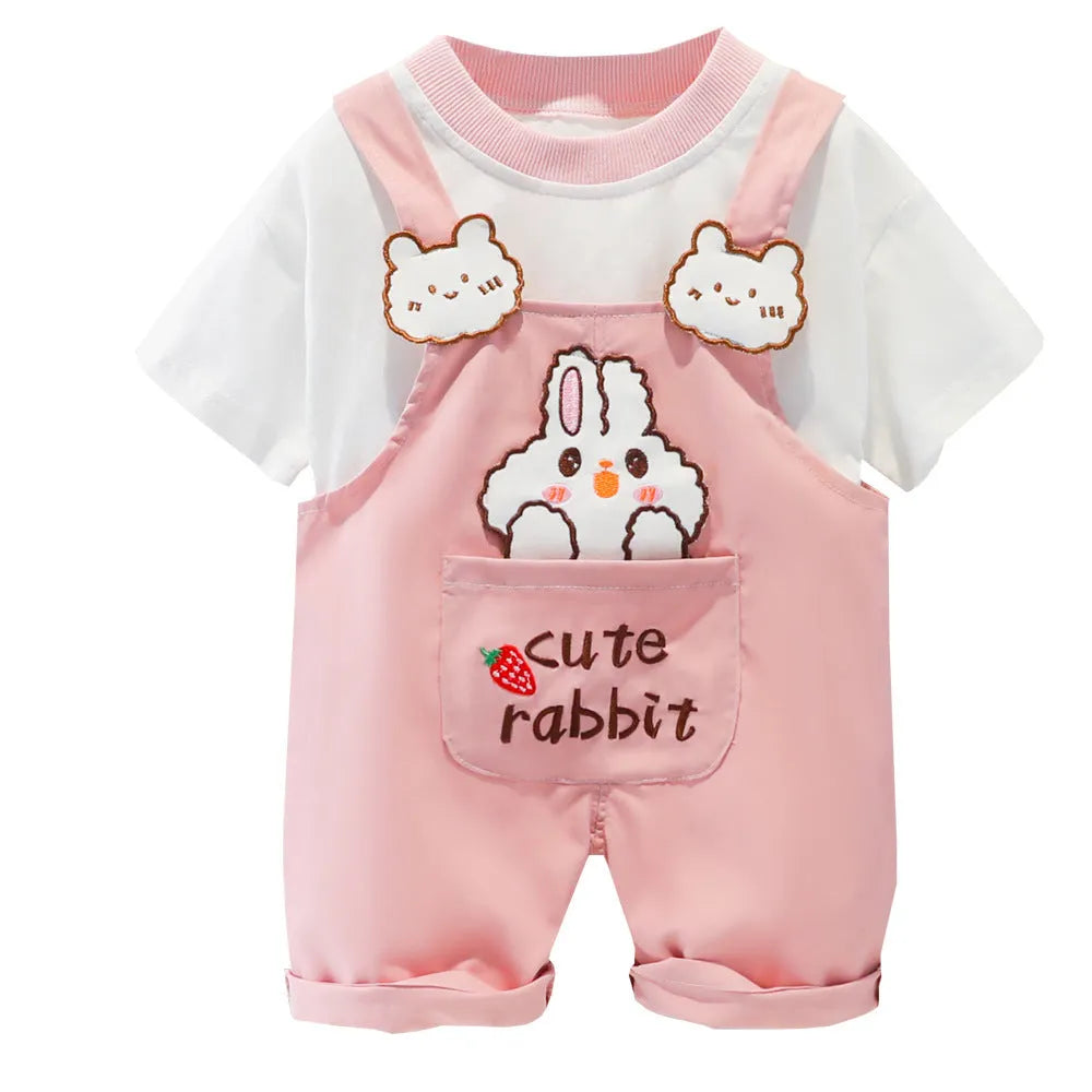 Yellow cotton baby summer overalls with cartoon design and openable straps on infant