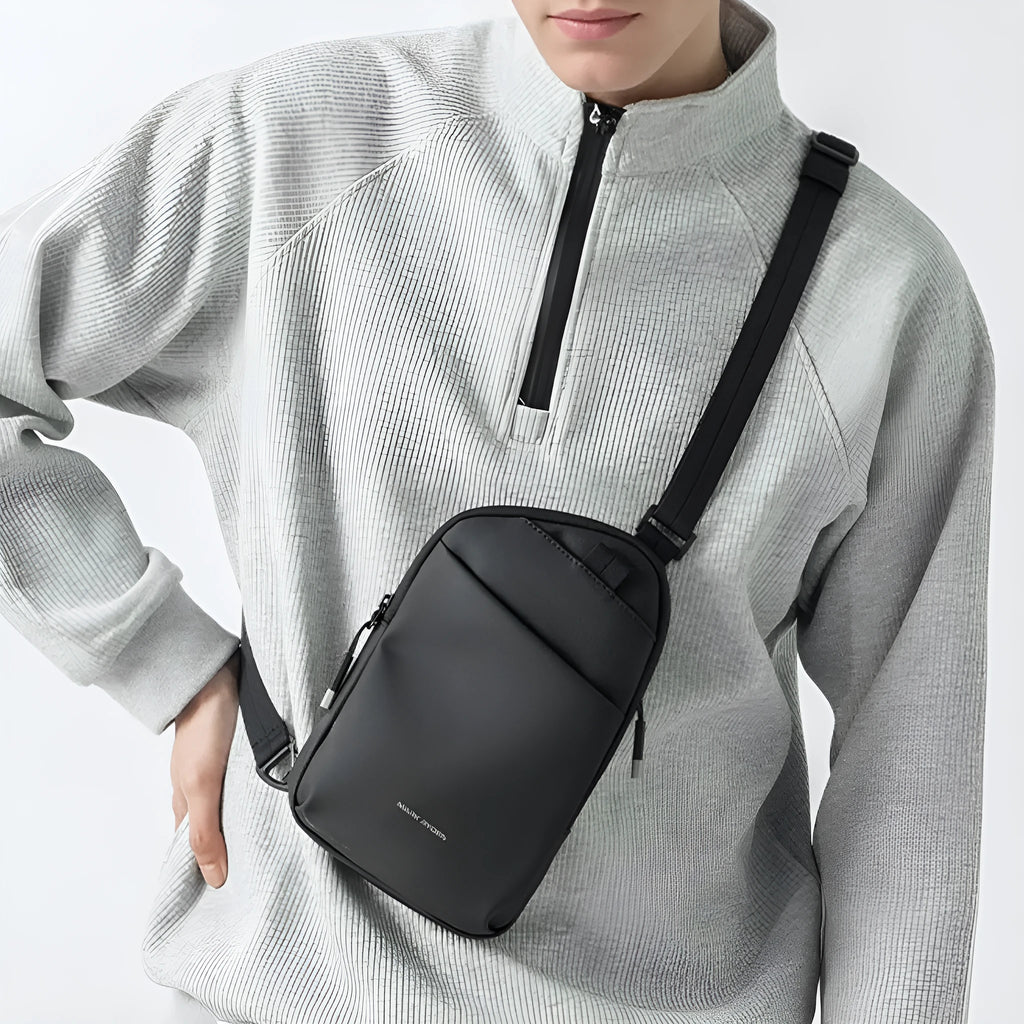 Men's black Oxford cloth crossbody bag with sewing thread detailing