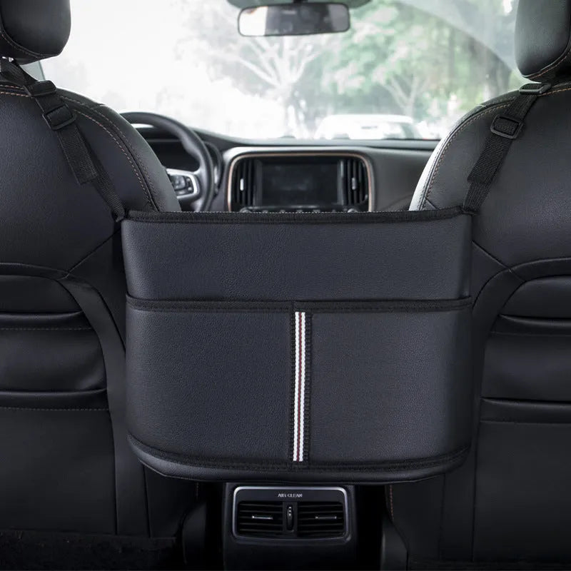 Leather car seat gap organiser with tissue box in black with Classic Lychee, Carbon Fibre, or Fashion Grain patterns
