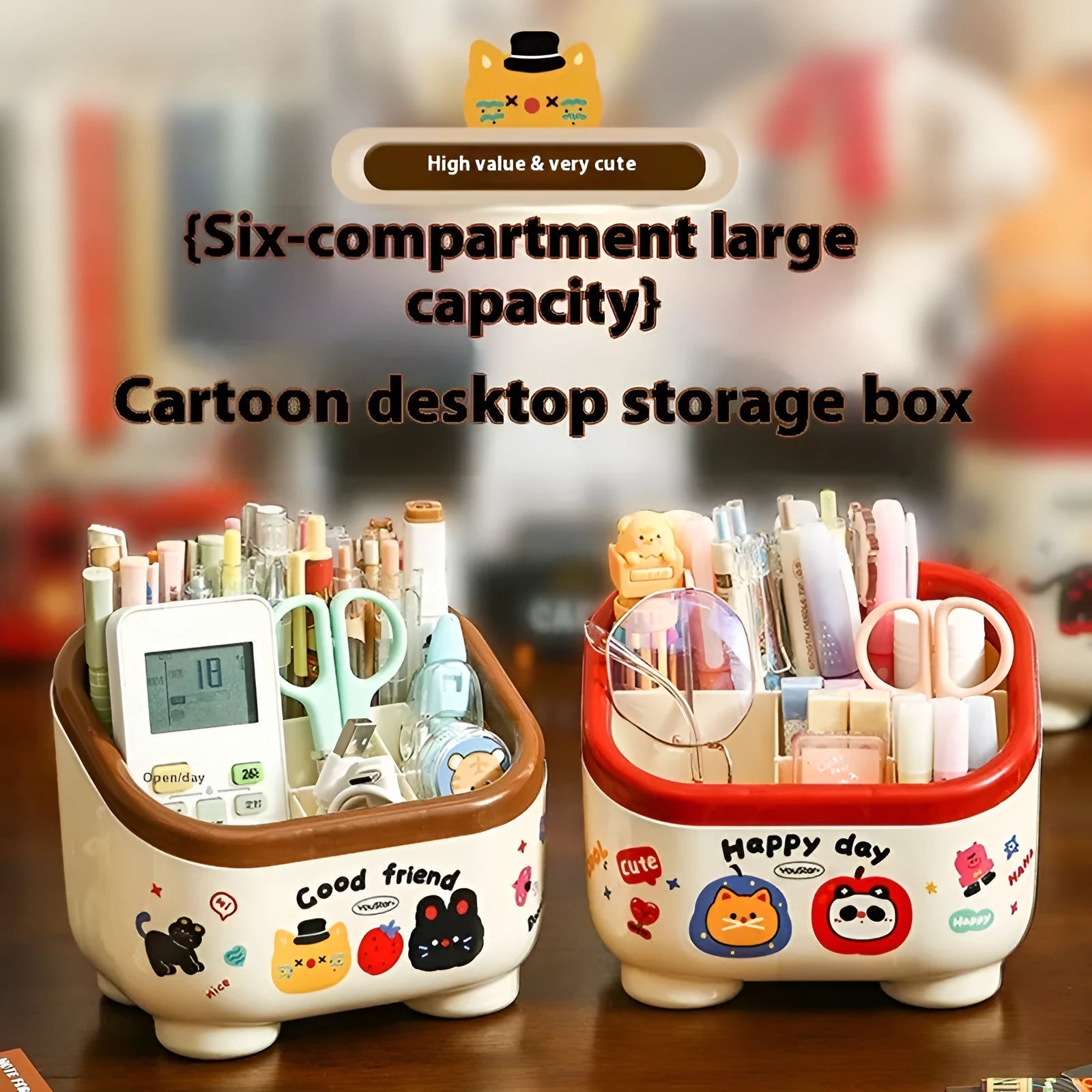 Cartoon style desktop storage organiser with multiple compartments including pen holders, storage boxes and flap trash can