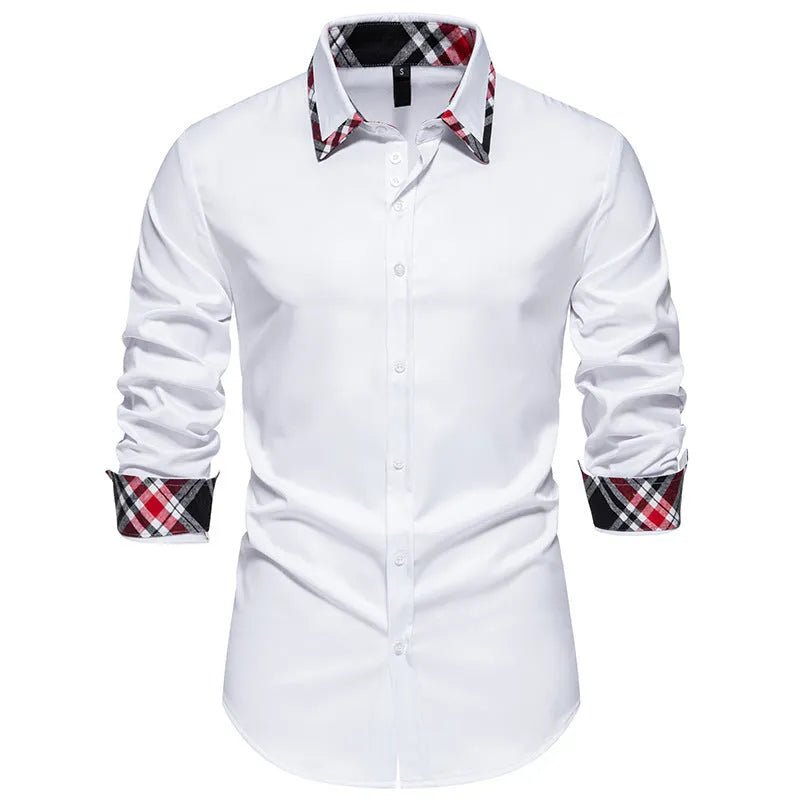 Men's plaid contrast colour triangle collar long sleeve shirt in blue, black, and white options