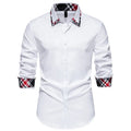 Men's plaid contrast colour triangle collar long sleeve shirt in blue, black, and white options