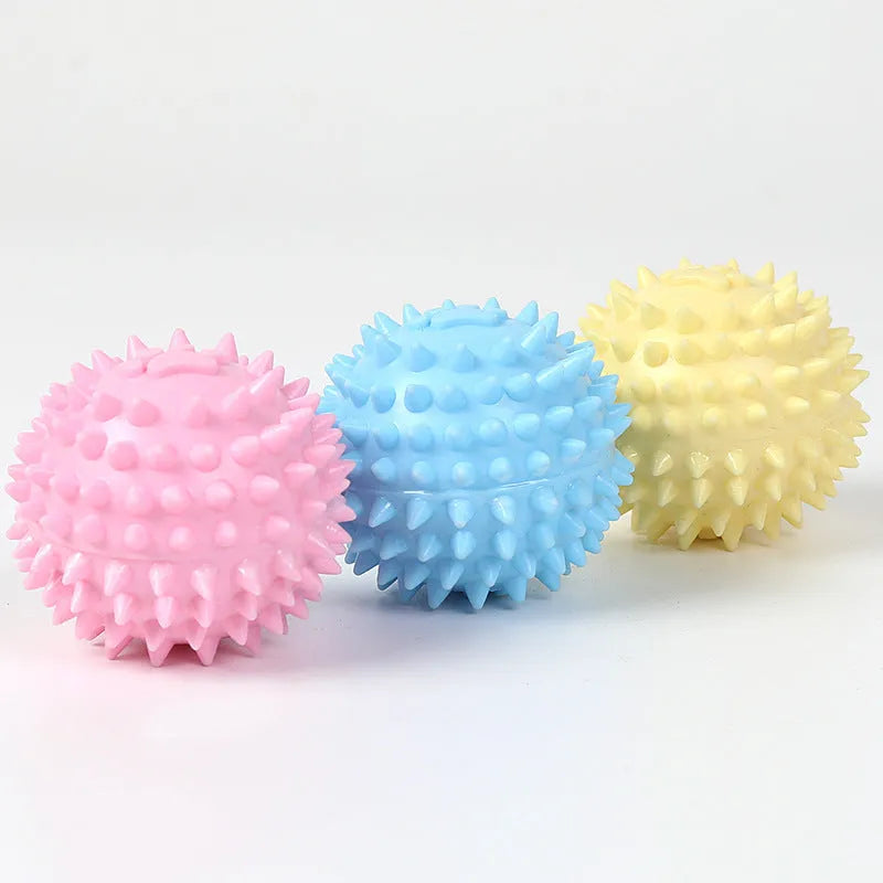 Blue TPR rubber dog chew toy with footprint texture for tooth cleaning, 6cm diameter