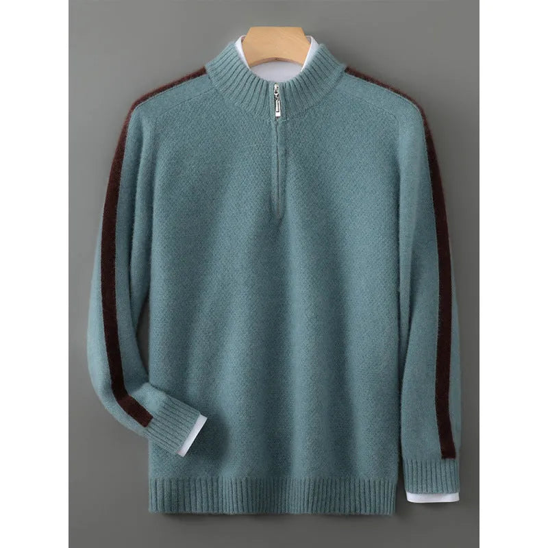 Half zip round neck slim fit wool sweater in grey on a hanger
