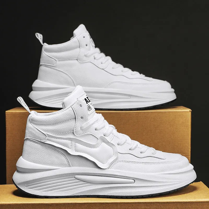 Men's black and white platform high-top casual board shoes with round toe and PU upper