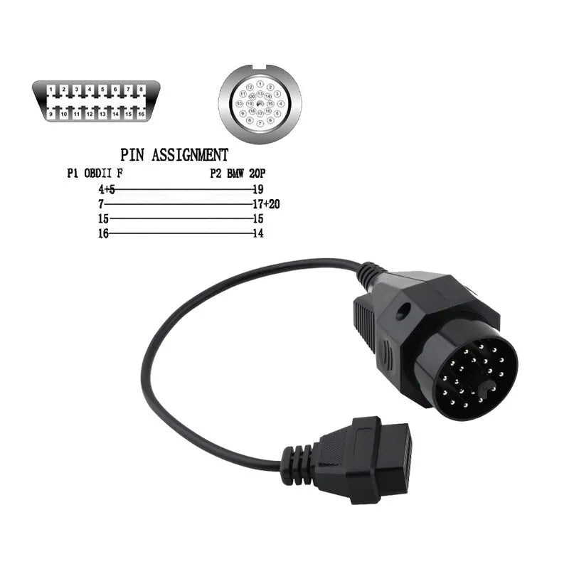 BMW OBD2 diagnostic adapter cable converting 20-pin to 16-pin connector for vehicle scan tools