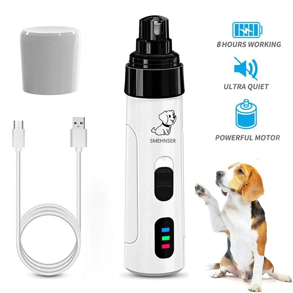 Electric dog nail grinder device showing LED indicators and LCD display for 3-speed pet nail trimming