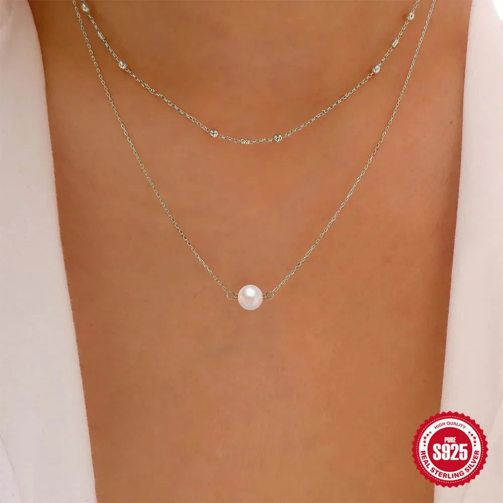 S925 sterling silver necklace with double layer twin pearl pendant on ball bead chain