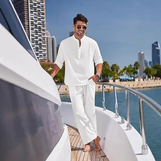 Men's solid colour casual cotton suit with long sleeve top and full-length trousers