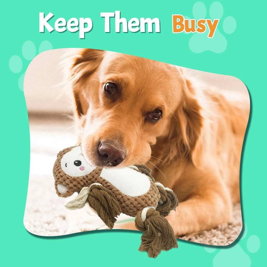 Two plush squeaky dog toys: yellow lion design and brown monkey design with internal squeakers