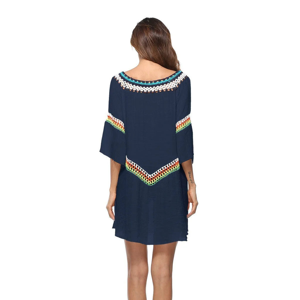 Crocheted ethnic style sun protection beach cover-up for women in apricot colour.