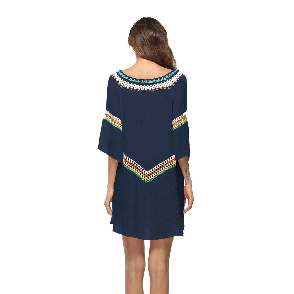 Crocheted ethnic style sun protection beach cover-up for women in apricot colour.
