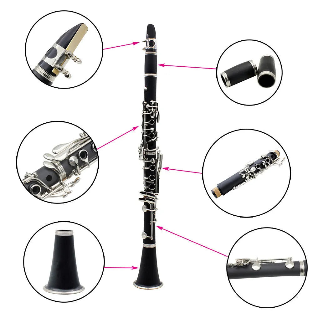 Black Bb clarinet with nickel-plated keys and included carry bag for beginner musicians