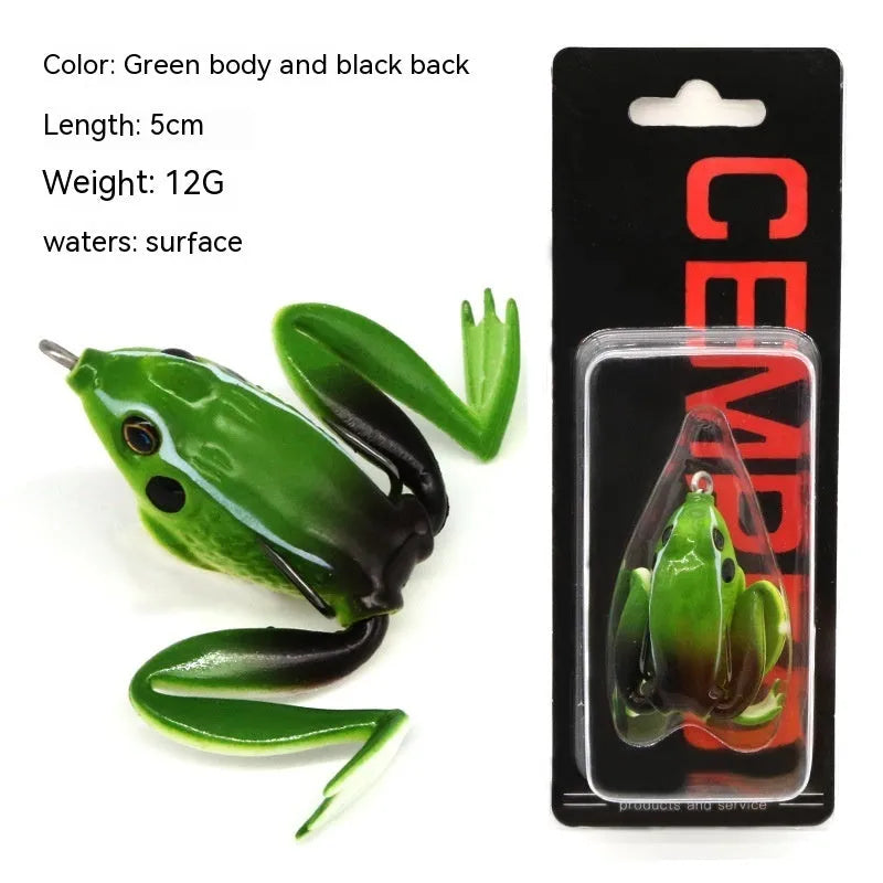 Bionic frog fishing lure with realistic snake head design and double hooks in grass green colour