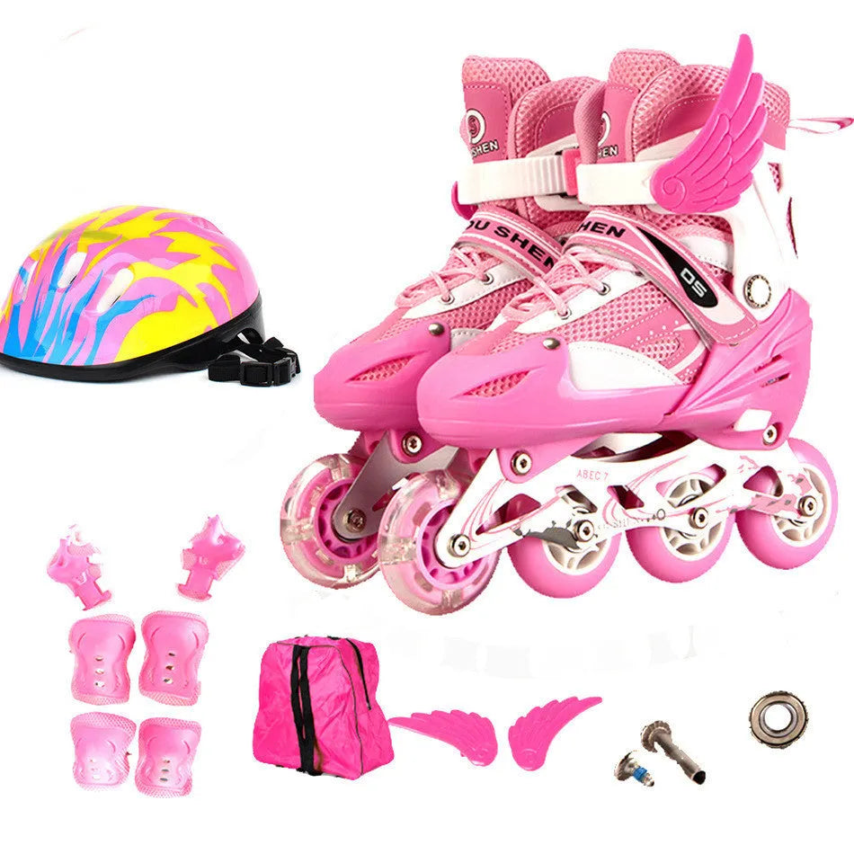 Adjustable children's skating shoes with aluminium frame wheels and protective gear set