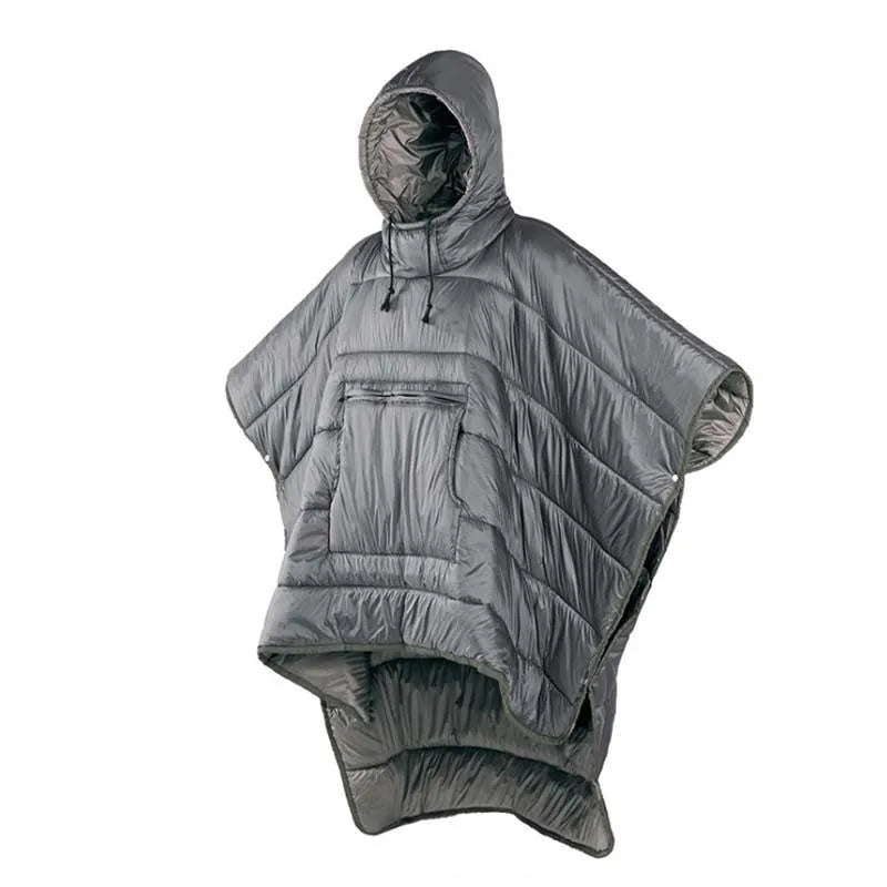 Adult-sized outdoor wearable sleeping bag cloak in Army Green colour showing convertible design