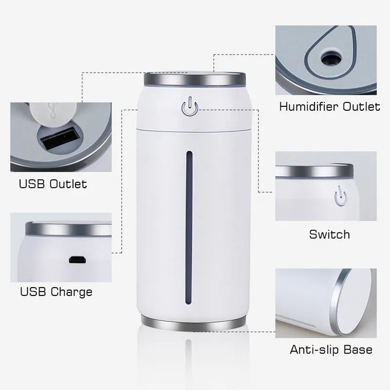 220ml USB car humidifier in black with 141x64x64mm dimensions, ABS PP build, mini light and fan included