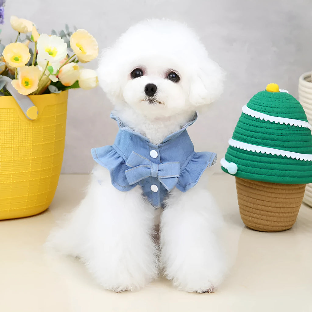 Dark blue denim pet dress with ruffled vest design and leash hook for dogs and cats