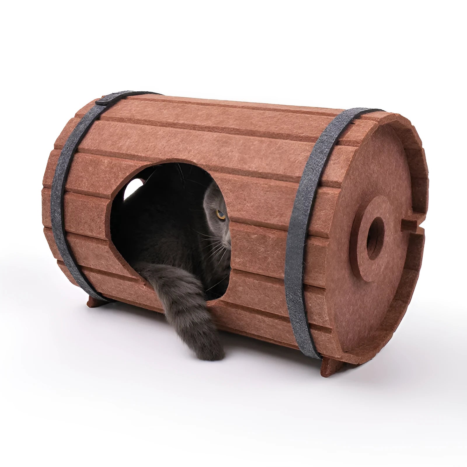 Wine barrel shaped cat bed assembled from three felt panels