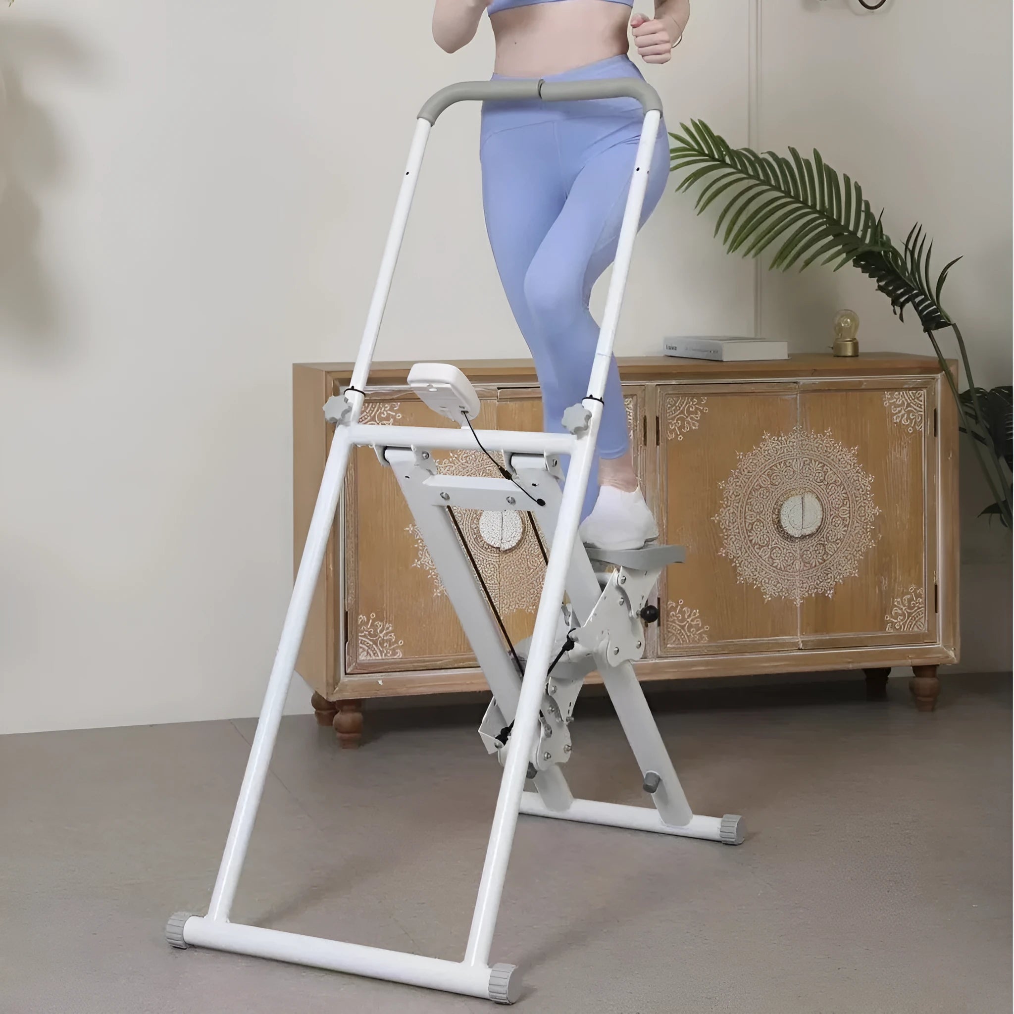 Starlight White foldable indoor climbing frame with integrated treadmill for home fitness
