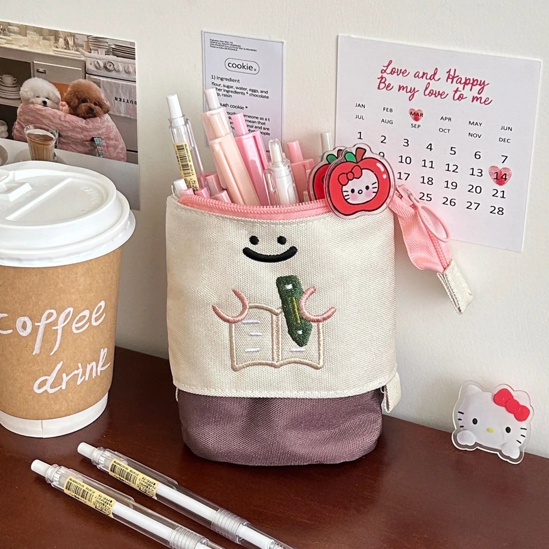 Cartoon pattern collapsible Oxford fabric pencil case in brown colour showing folded and unfolded states