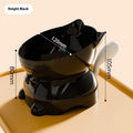 Stainless steel oblique cat bowl with non-slip base in black, blue, pink, or yellow.