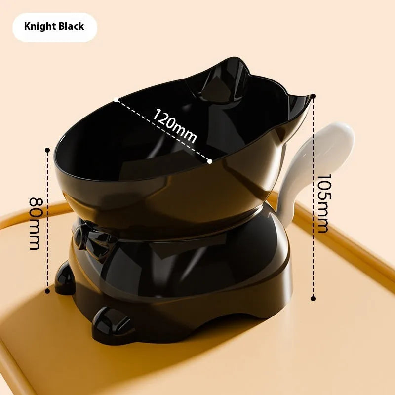 Stainless steel oblique cat bowl with non-slip base in black, blue, pink, or yellow.