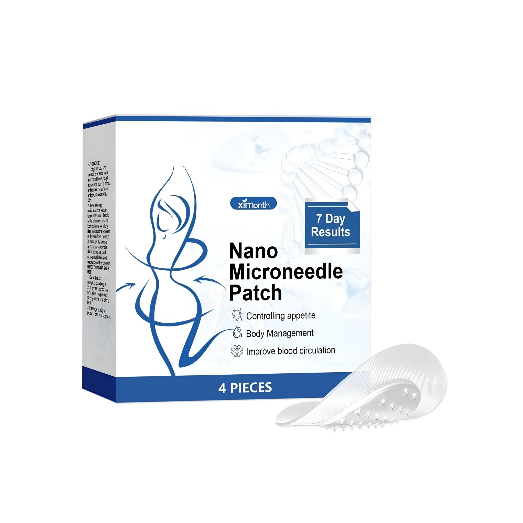 Four nano microneedle body shaping adhesive patches on a backing card.