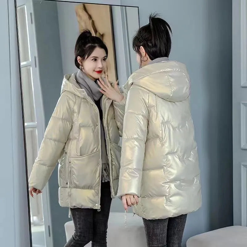 Women's loose thick hooded winter jacket in acrylic blend fabric shown in available colours