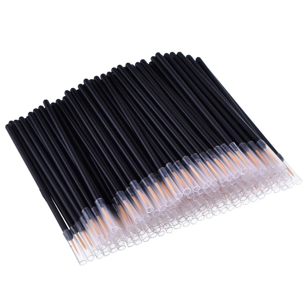 Pack of 100 black disposable eyeliner brushes with fine points and plastic sleeves.
