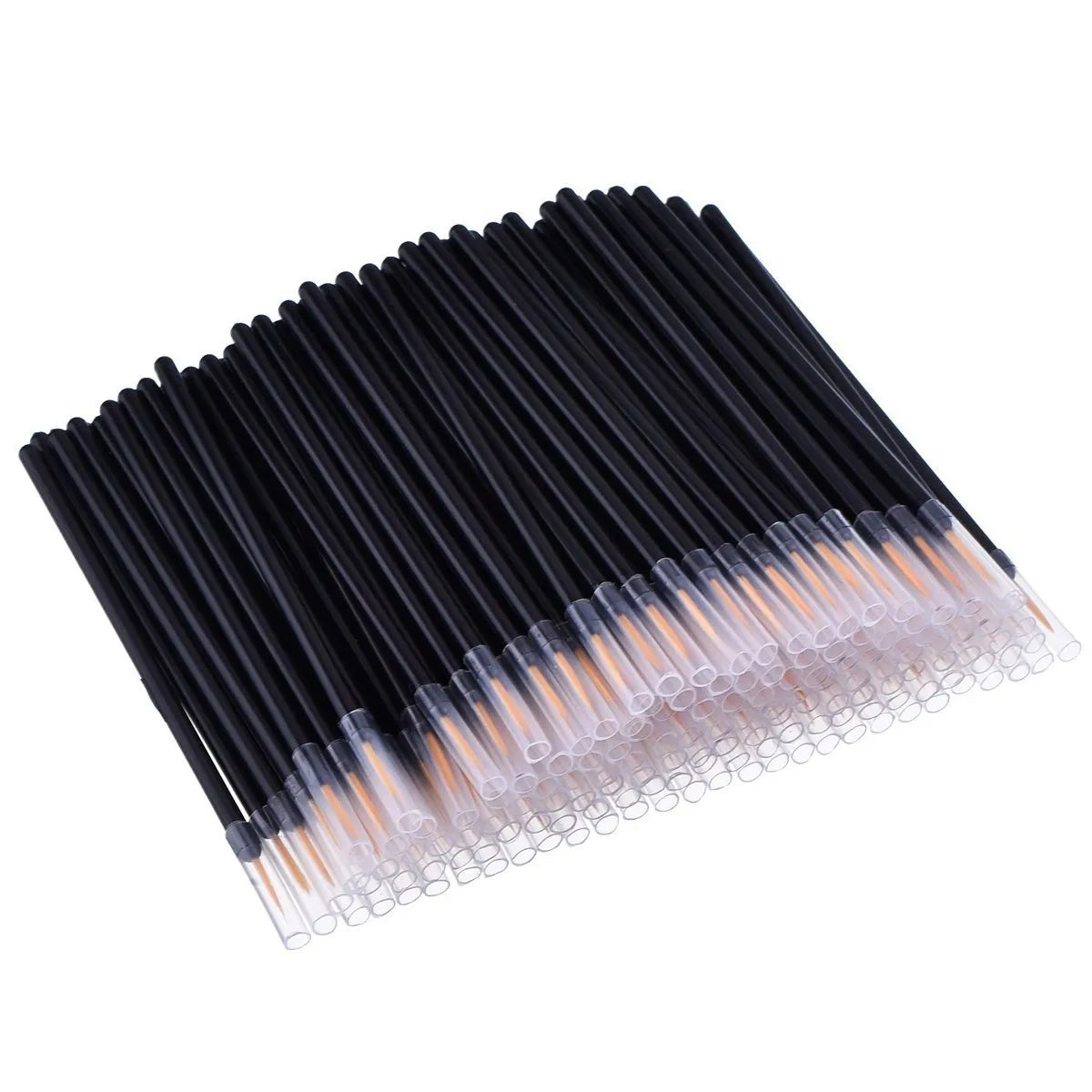 Pack of 100 black disposable eyeliner brushes with fine points and plastic sleeves.