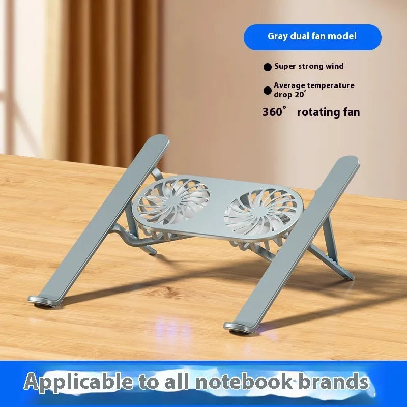 Aluminium alloy laptop cooling stand with twin fans and adjustable height mechanism in silver finish