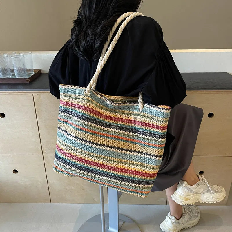 Blue straw woven nylon shoulder bag with large capacity and polyester lining