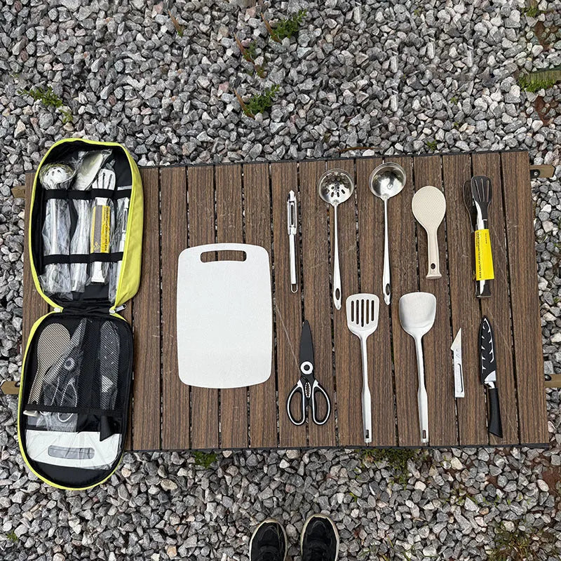 Portable khaki fabric bag containing a 12-piece stainless steel picnic cutlery set with knives, forks, spoons, and chopsticks.