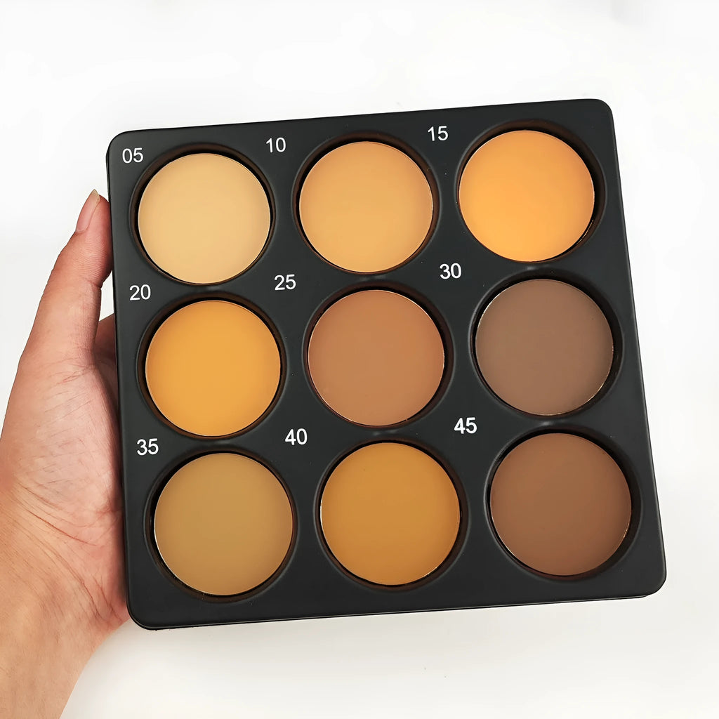 Makeup palette showing 9 dark matte colours in waterproof long-lasting formulation