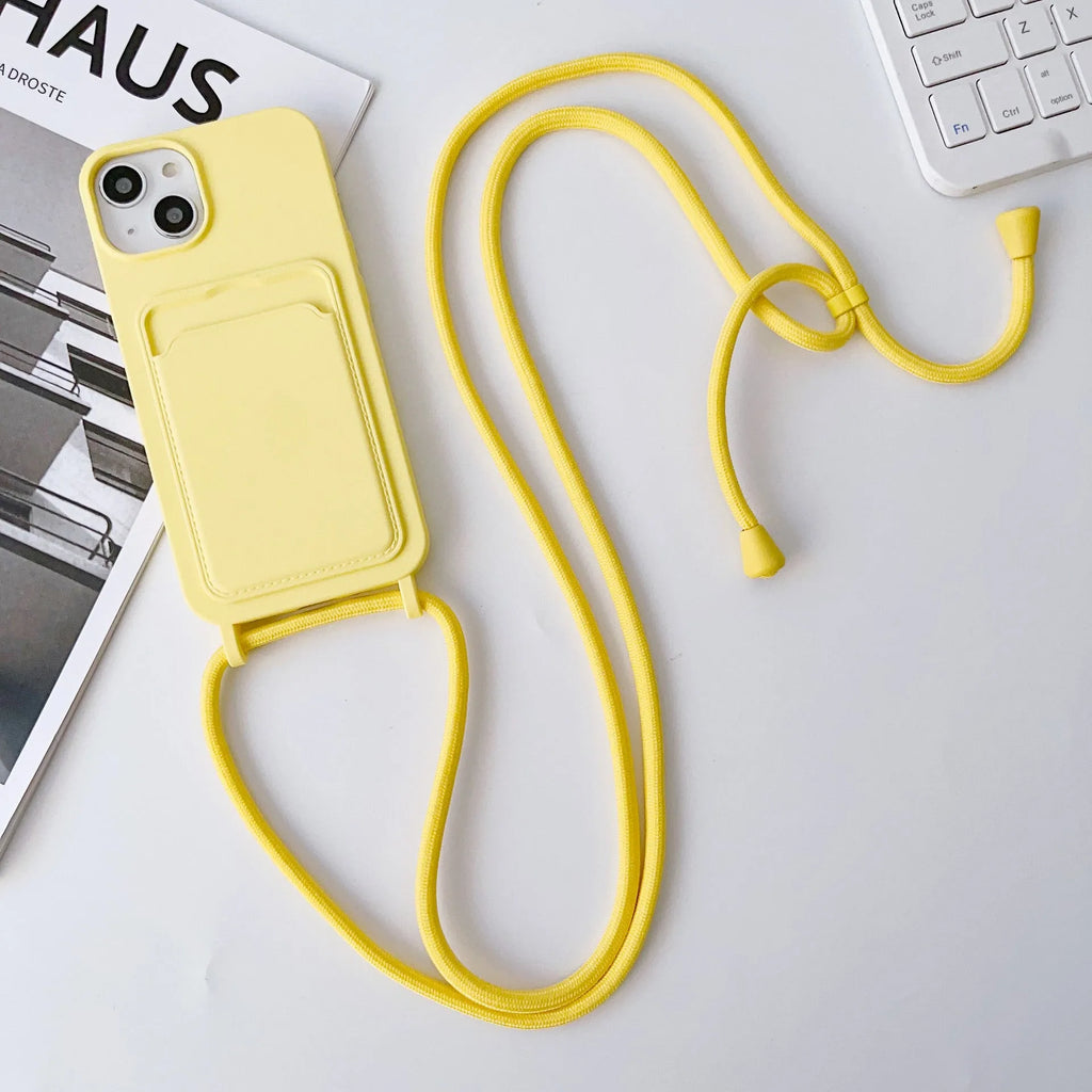 Cross body lanyard TPU phone case with card holder for Apple iPhone models, available in antique white, gray, and light pink