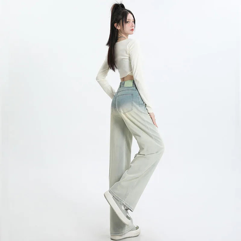 Women's gradient blue straight-leg denim trousers with wide leg design on 100% cotton fabric