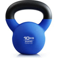 Blue cast iron teapot-style dumbbell on a solid background, showing its 10kg weight and one-piece design.