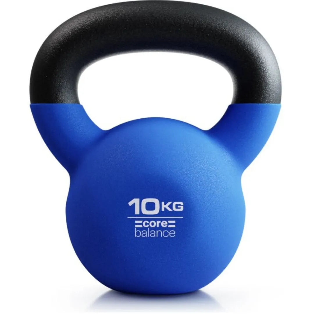 Blue cast iron teapot-style dumbbell on a solid background, showing its 10kg weight and one-piece design.