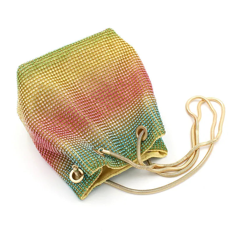 Colourful rhinestone bucket bag with rainbow diamond bead design