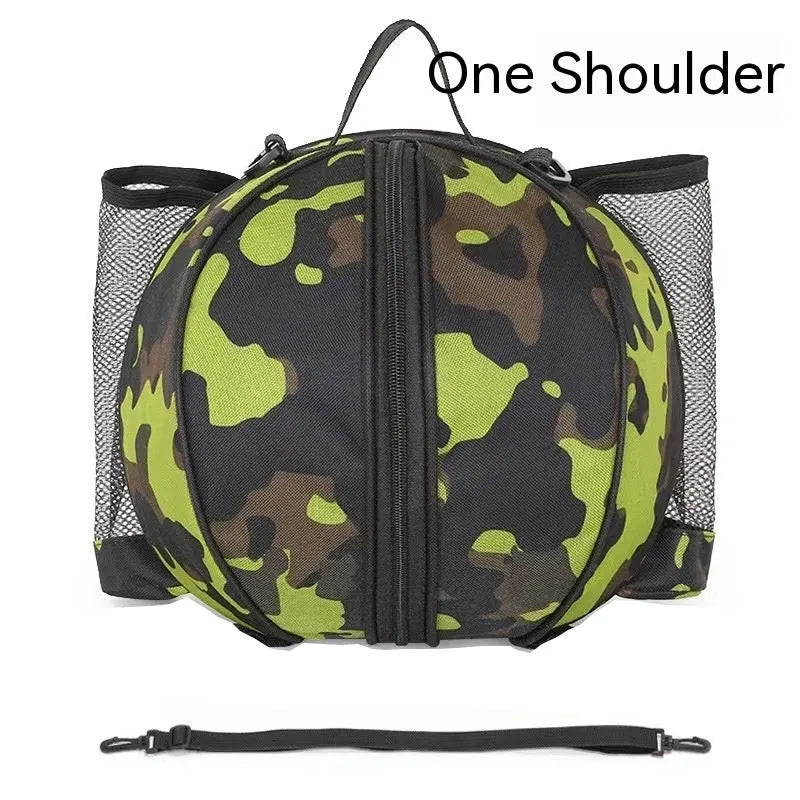 Black Oxford cloth basketball bag with one shoulder strap, shown next to a basketball.